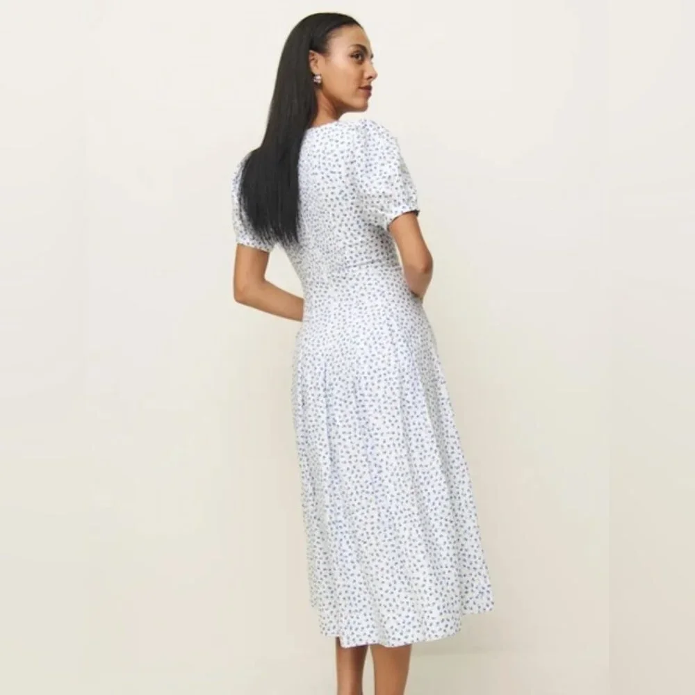 NEW Reformation Coucou Midi Linen Dress Hanna White Blue Floral | US 4 UK 8 - Picture 5 of 16